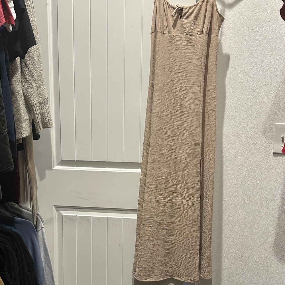 New Elegant Tan Maxi Dress with Side Slit